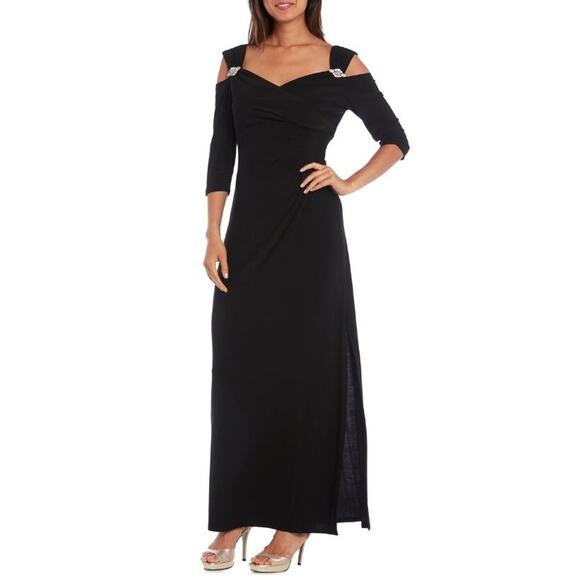 R&M Richards Empire Waist Cold Shoulder Embellished 3/4 Sleeve Dress 16 Blk $120 - Picture 1 of 5
